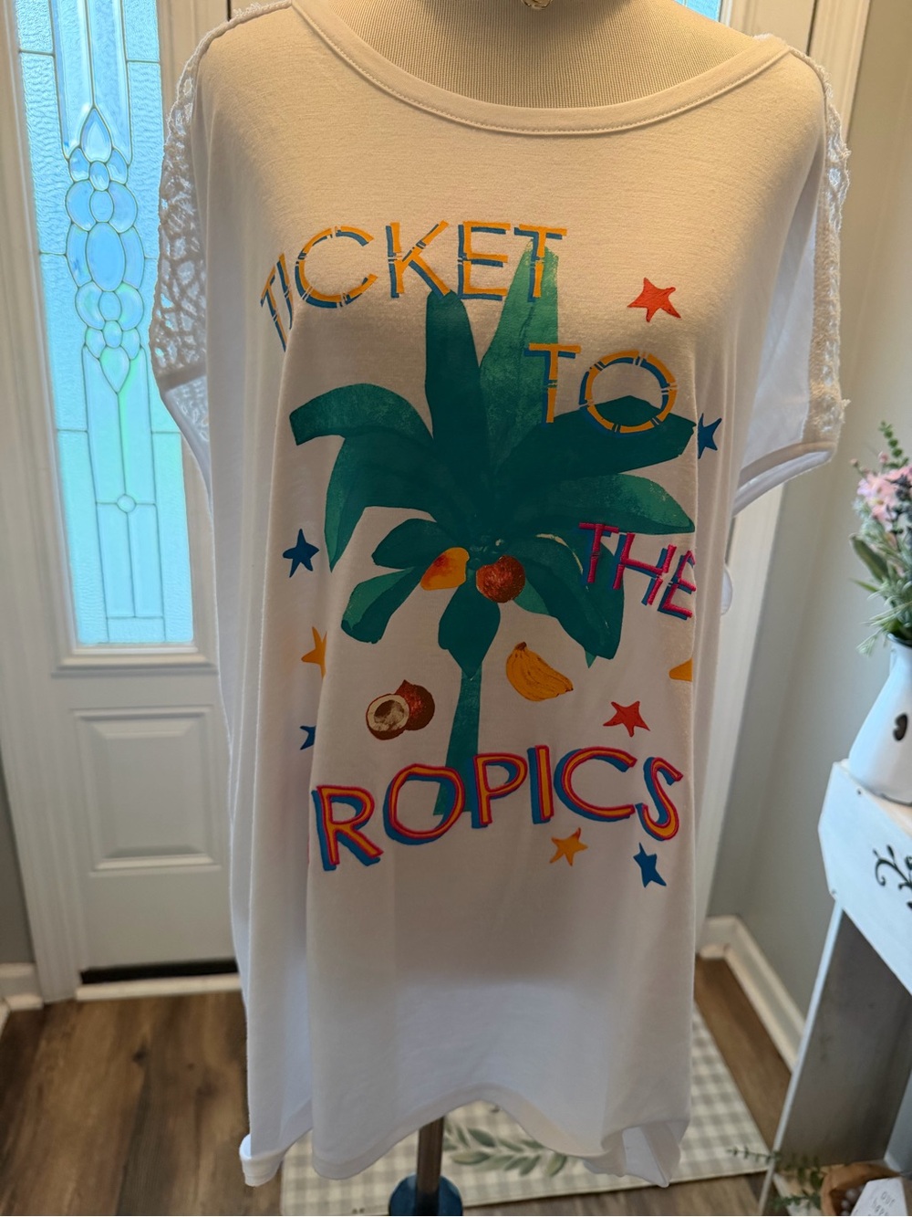Cato White Tropical Graphic Tee with Green Palm